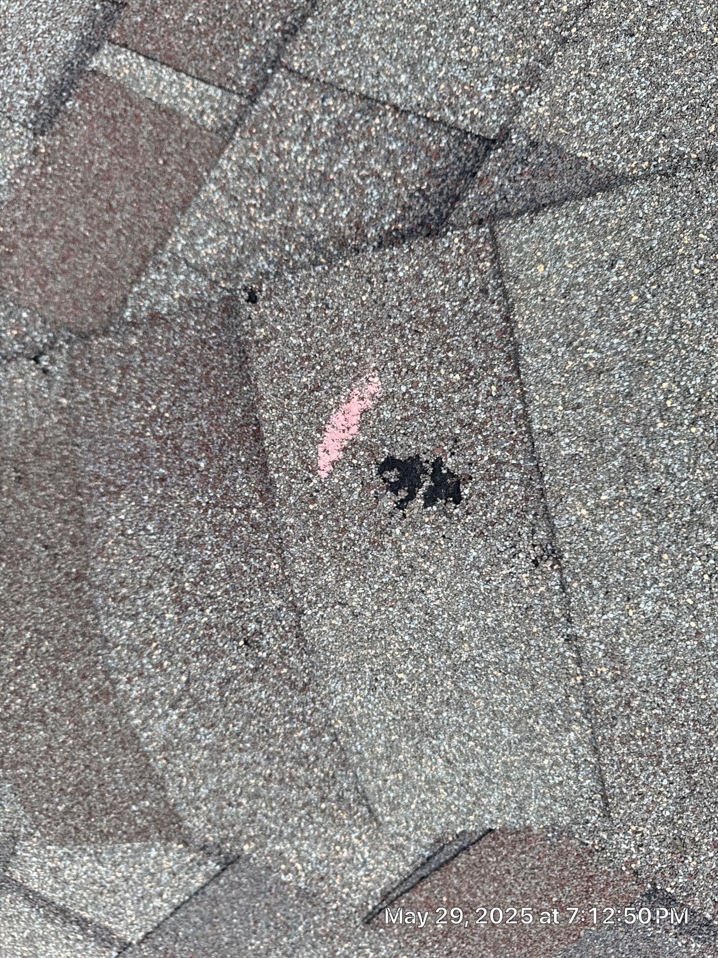 Hail impact mark showing dark bruising on shingle surface